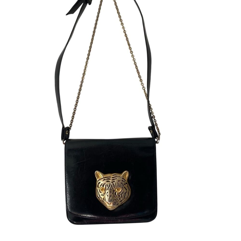 Black Faux Leather Bag with Gold Tiger Accent Black Gold Chain Strap